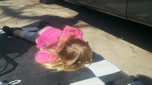 Madisyn looking for Paw Paw's head!