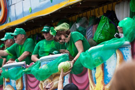 March 11, 2012, Float in the annual Metairie Road St. Patrick's Day parade with riders throwing cabbage, toys and Mardi Gras bead. St. Patrick's Day celebrations kick off early in Metairie Louisiana, with the annual Metairie Road St. Patrick's Day Parade.